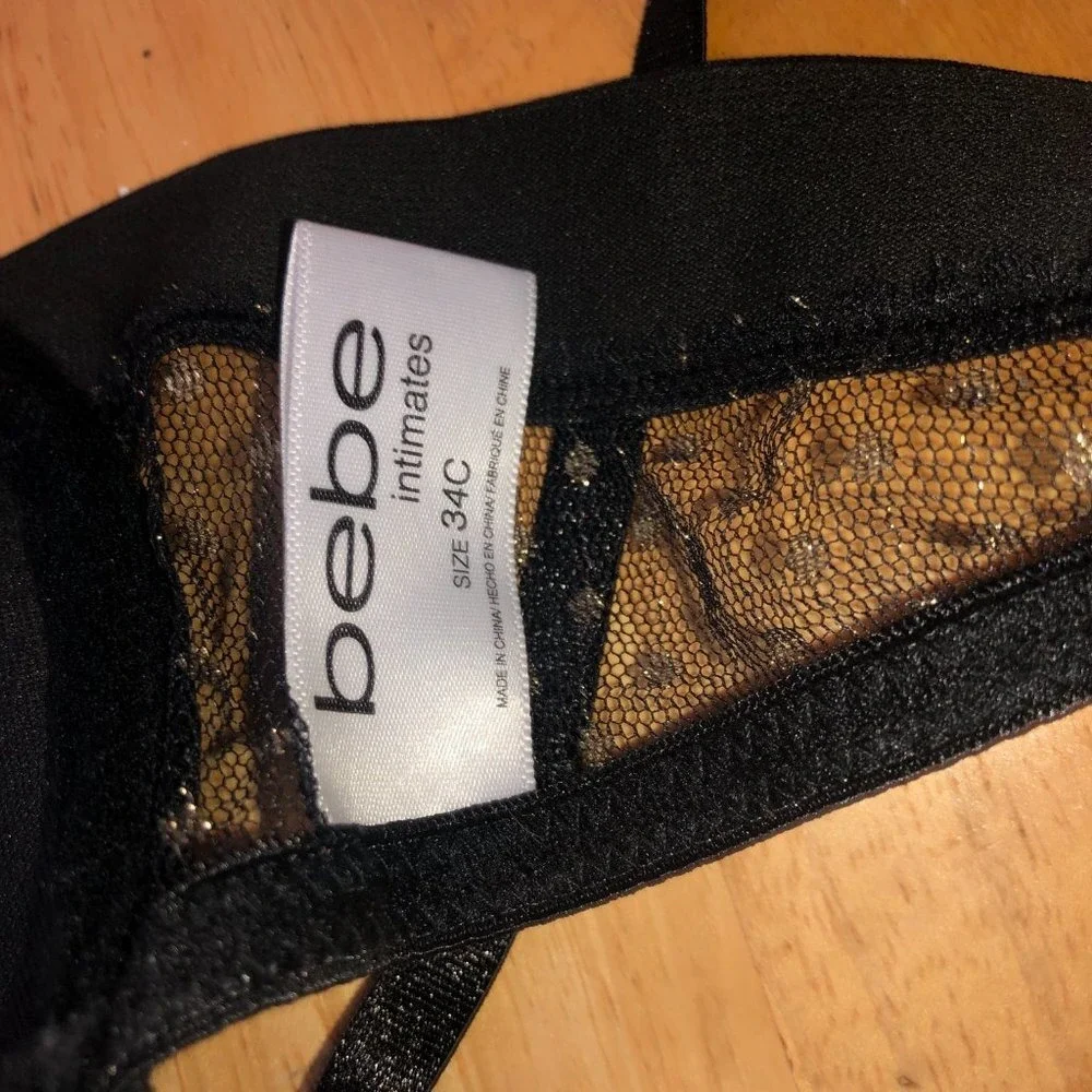 Bebe Black Pushup Bra w/Gold‎ Accents Front Clasp 34C Strappy Mob Wife